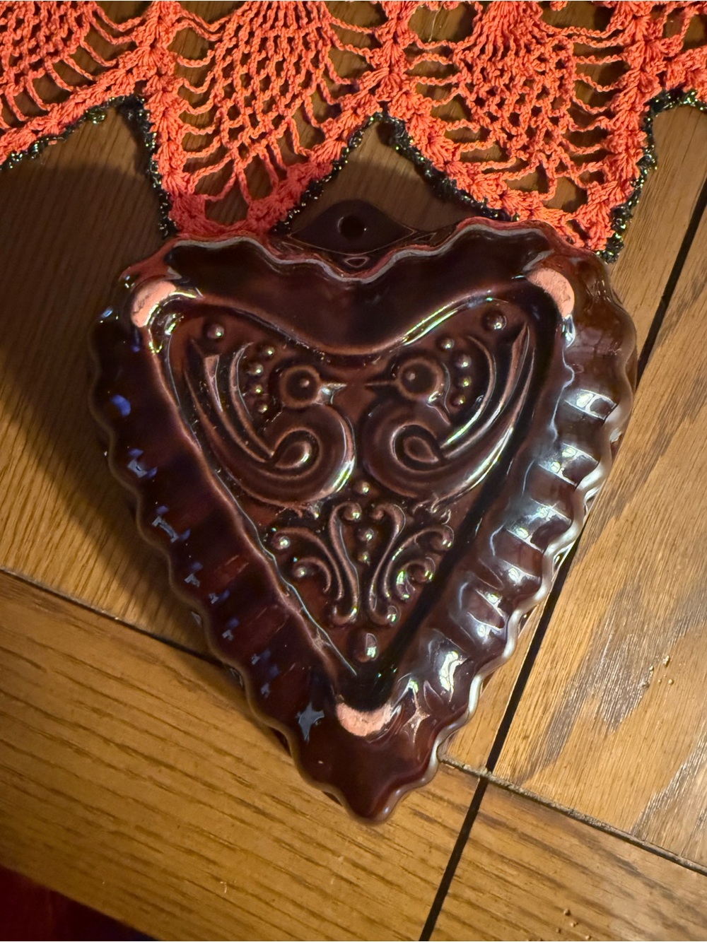 Vintage Brown Ceramic Heart Cake Mold Love Birds Pottery